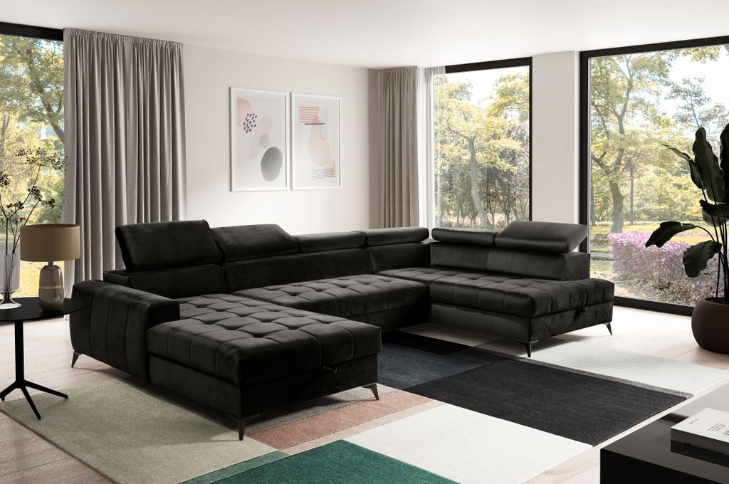 AX LIVING Schwarze Eckcouch mit Schlaffunktion Arkucio U 345cm Breite L