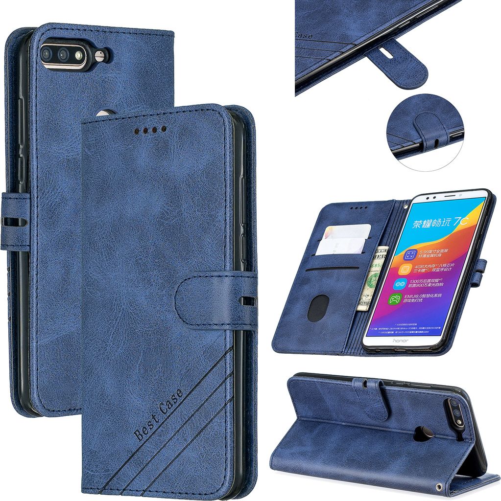 Für HUAWEI Honor 7C-Enjoy 8-Y7 2018-Y7 Pro 2018 Denim Muster Solid Color Flip Geldbörse Kunstleder Schutz Handyhülle mit Schnalle & Bracket