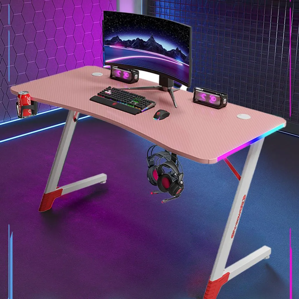 Tavolo da gioco Scrivania per computer Scrivania da gioco RGB Tavolo da gioco Tavolo per gamer Tavolo per PC 120*60*74cm RosaBianco 【D2209-120BT】