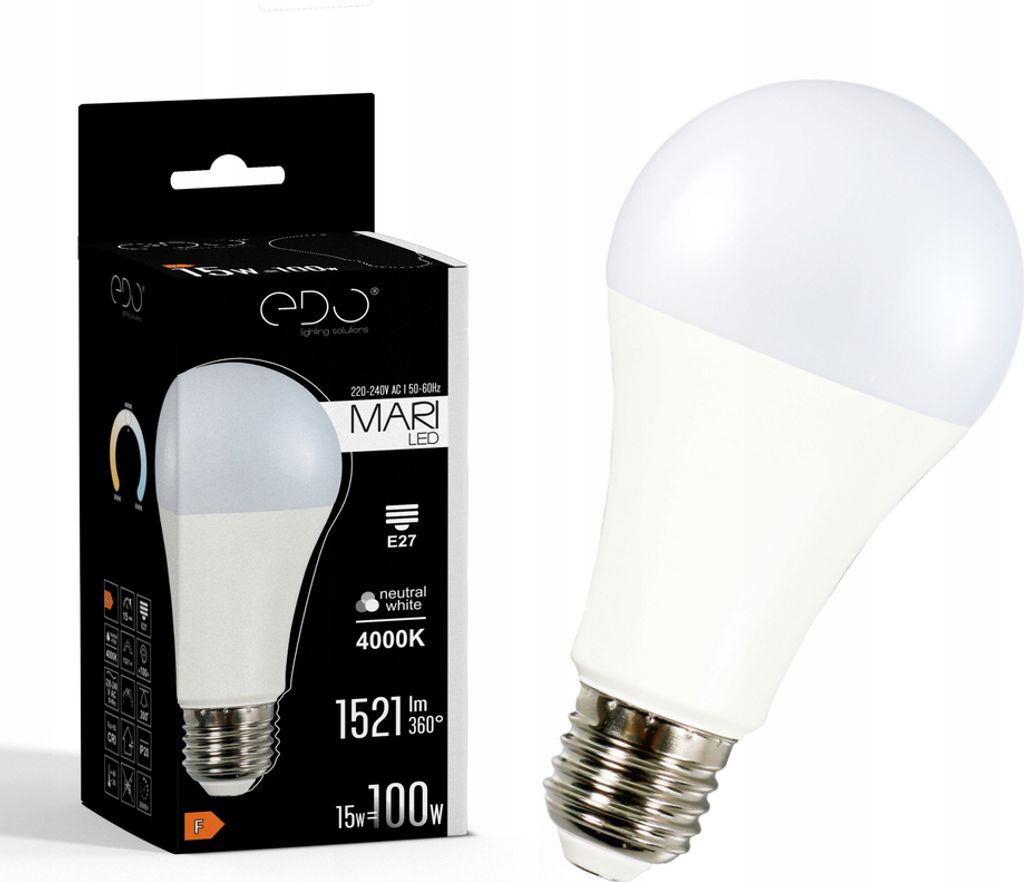 A product shot of an LED light bulb and its packaging.