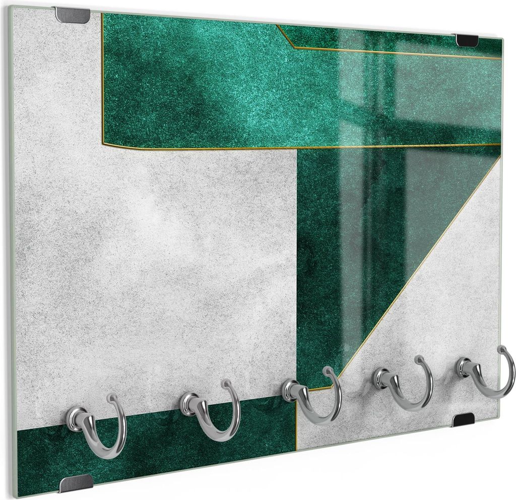 DEQORI Schlüsselbrett Glas 30x20 cm 'Smaragd-Geometrie' Schlüssel Halter Board Haken