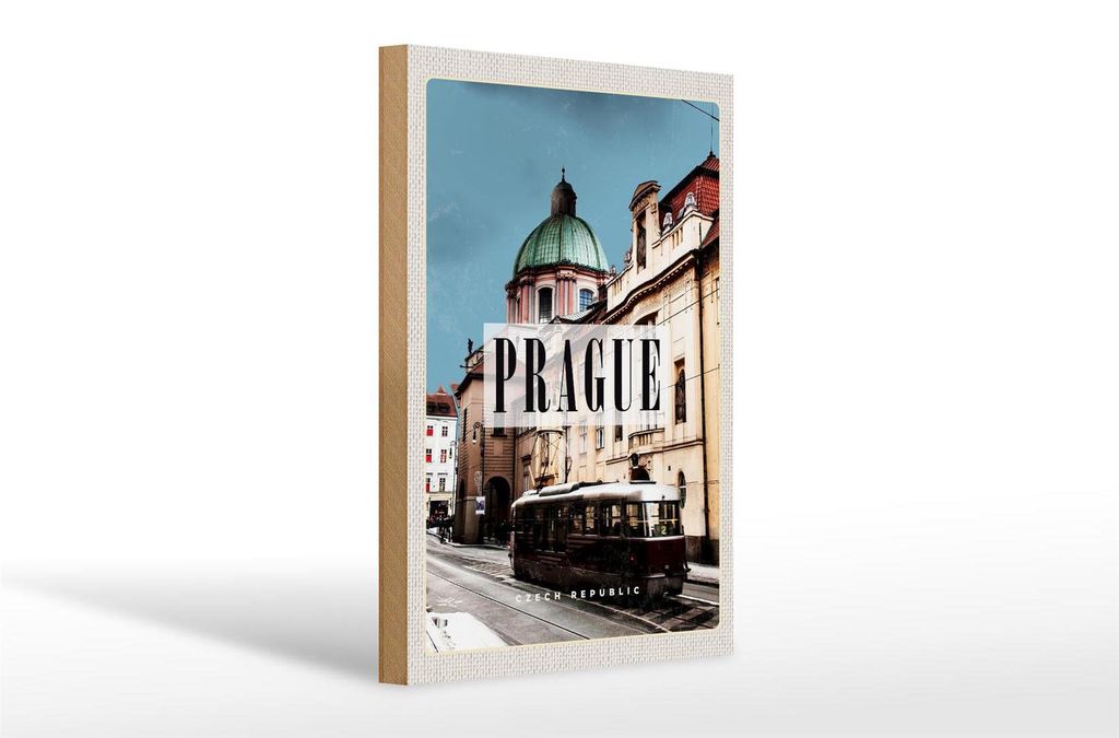 Holzschild Reise 20x30cm Prague Prag Straßenbahn Tschechien