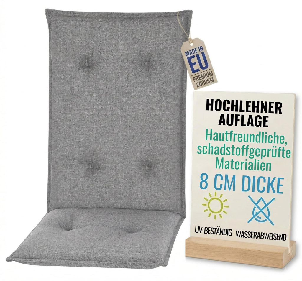 Pillows24 - Hochlehner Auflagen 120x50x8 cm | Gesteppte Wetterfeste Gartenstuhlauflagen | Polster Sitzkissen für Gartenmöbel | EU | Dunkelgrau