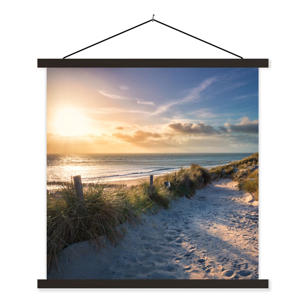 MuchoWow Textilposter Sonnenuntergang - Strand - Düne - Gras - Bank 60x60 cm mit schwarzem Rahmen - Posteraufhänger