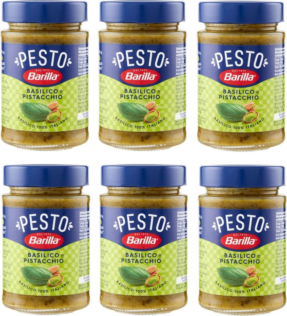 6x Barilla Pesto Basilico e Pistacchio Pesto mit Basilikum und Pistazien aus nachhaltiger Landwirtschaft hergestellt 190g Italienisch Sauce glutenfrei