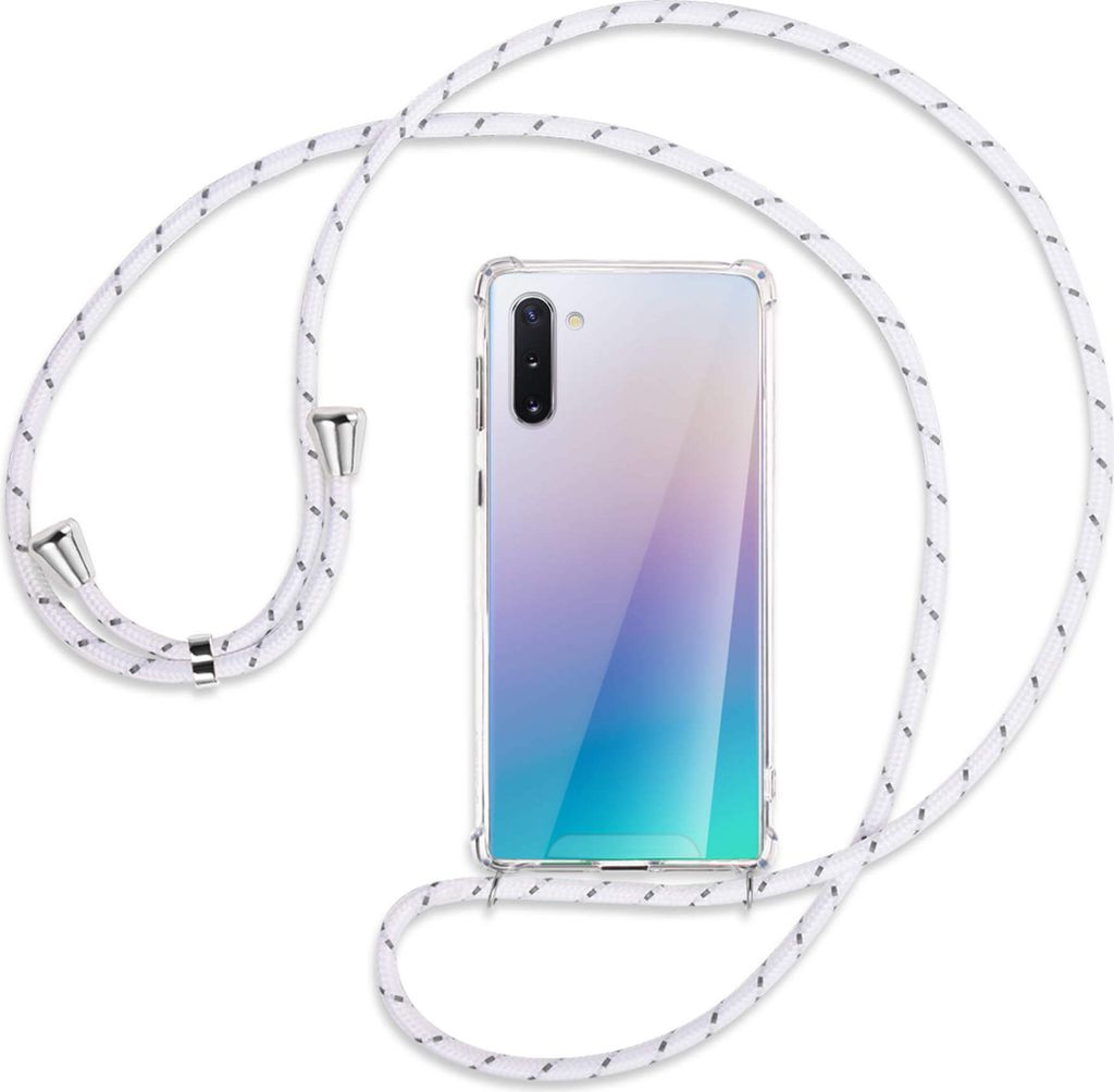 Handykette Backcover-Schutzhülle mit Band (Metall silberfarben) für Samsung Galaxy Note 10 (N970) - weiß/grau
