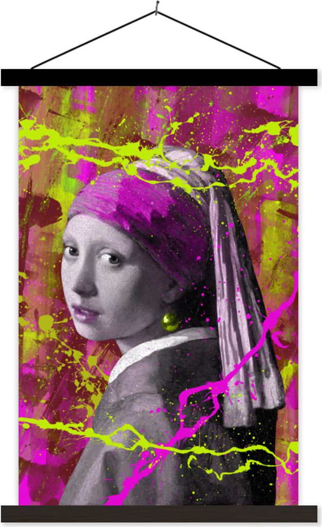 MuchoWow Textilposter Das Mädchen mit dem Perlenohrring - Johannes Vermeer - Neon 40x60 cm mit schwarzem Rahmen - Wanddekorationen