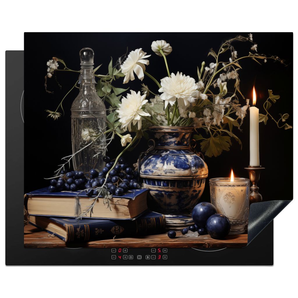 KitchenYeah Herdabdeckplatte Stilleben - Blumen - Kerzen - Delfter Blau - Weiß , 65x52cm, Küche Deko, Glaskeramikkochfeld Herdabdeckung, Abdeck...