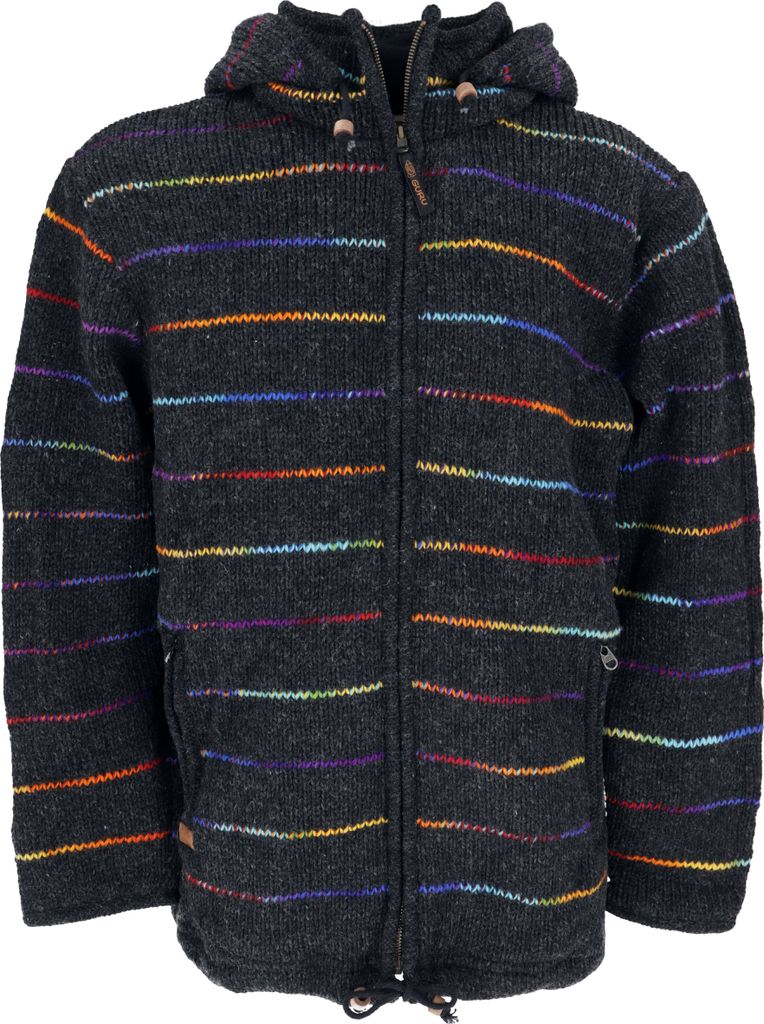 Kuschelige Gefütterte Uni Strickjacke, Gestreifte Wolljacke Nepaljacke - Modell 9, Herren, Grau, Wolle, Größe: XXL