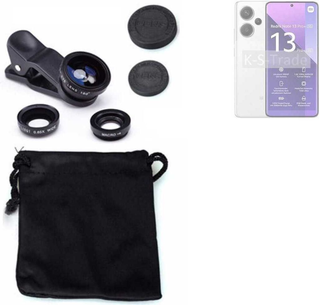K-S-Trade Smartphone Kamera Linsen Set Kompatibel mit Xiaomi Redmi Note 13 Pro + 5G 3in1 Clip-On Kamera Adapter Macro Weitwinkel FishEye Fischauge