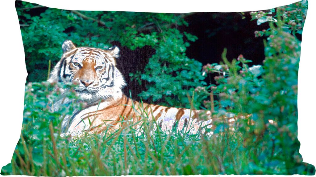 MuchoWow Zierkissen Sofakissen Wohnzimmer Dekokissen 50x30 cm Tiger - Gras - Grün - Wohnzimmerdekoration - Polster mit Photo