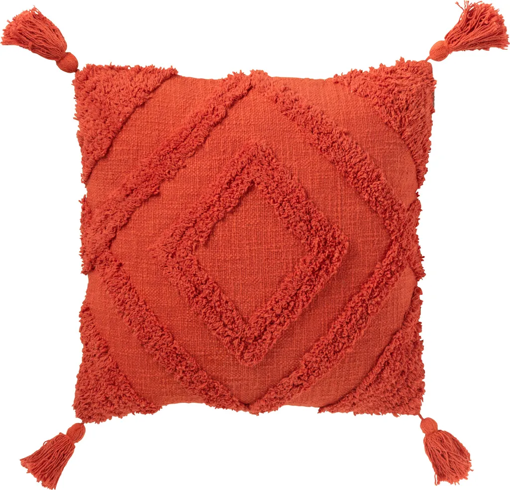 Coussin Tufté en Coton Rouge Brique à Motifs et Quasts Style Bohème Chic