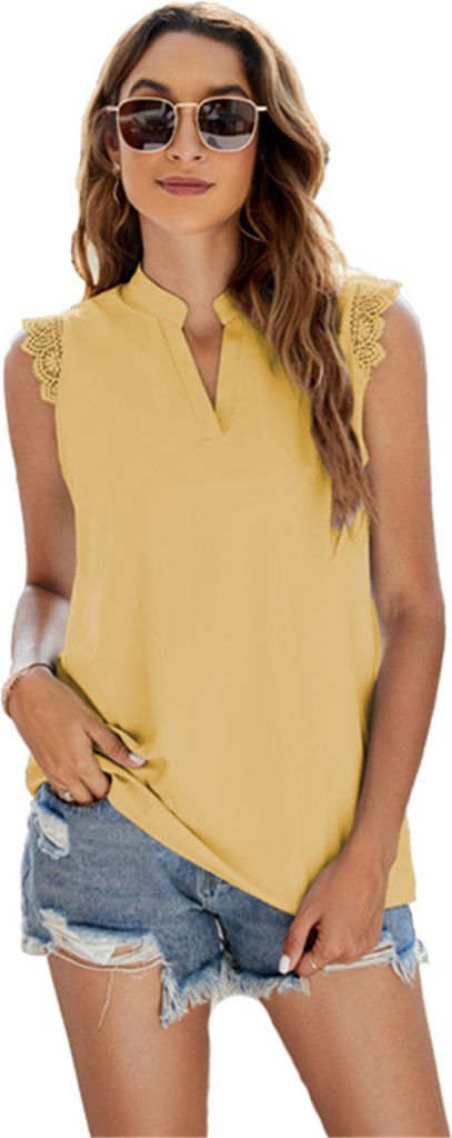 ASKSA Damen Ärmellos T-Shirt Elegant Bluse V-Ausschnitt Spitzen Hemd Lässige Sommer Top Einfarbiges Oberteile, Gelb, M