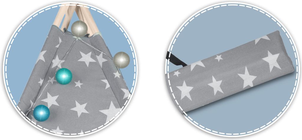 A collage of two close-up images of a gray tent with white stars, and a close-up of a pillow with white stars.