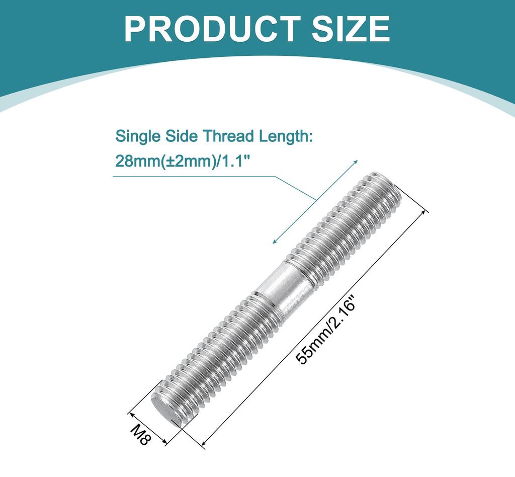 5 Stš¹ck Stockschrauben M8 x 55mm, Doppelseitige Gewindestangen Madenschrauben Set 304 Edelstahl Gewinde mit Muttern und Flach- & Sicherungsschei...
