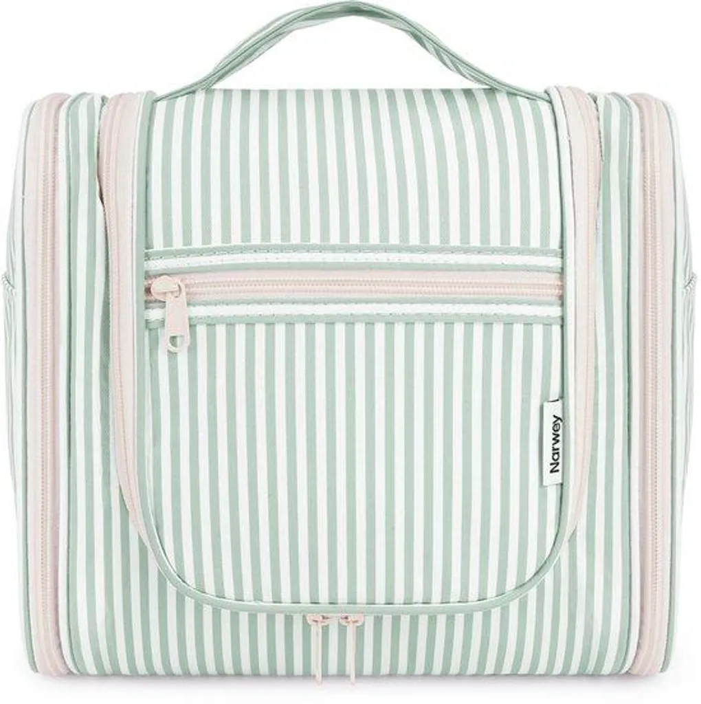 Grande trousse de toilette à rayures vert menthe en toile lavable