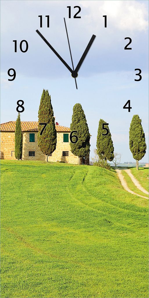 Wallario Design Wanduhr bedruckt, Größe 30 x 60 cm, Motiv: Villa auf einem Hügel in der Toskana