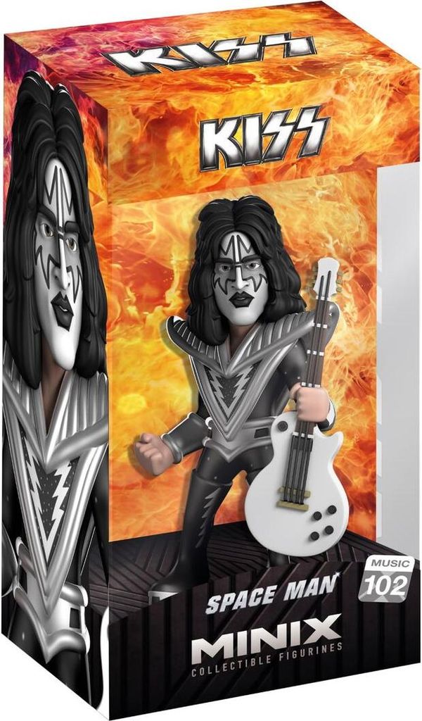 A collectible figurine of the KISS band member 'Space Man' in its packaging.