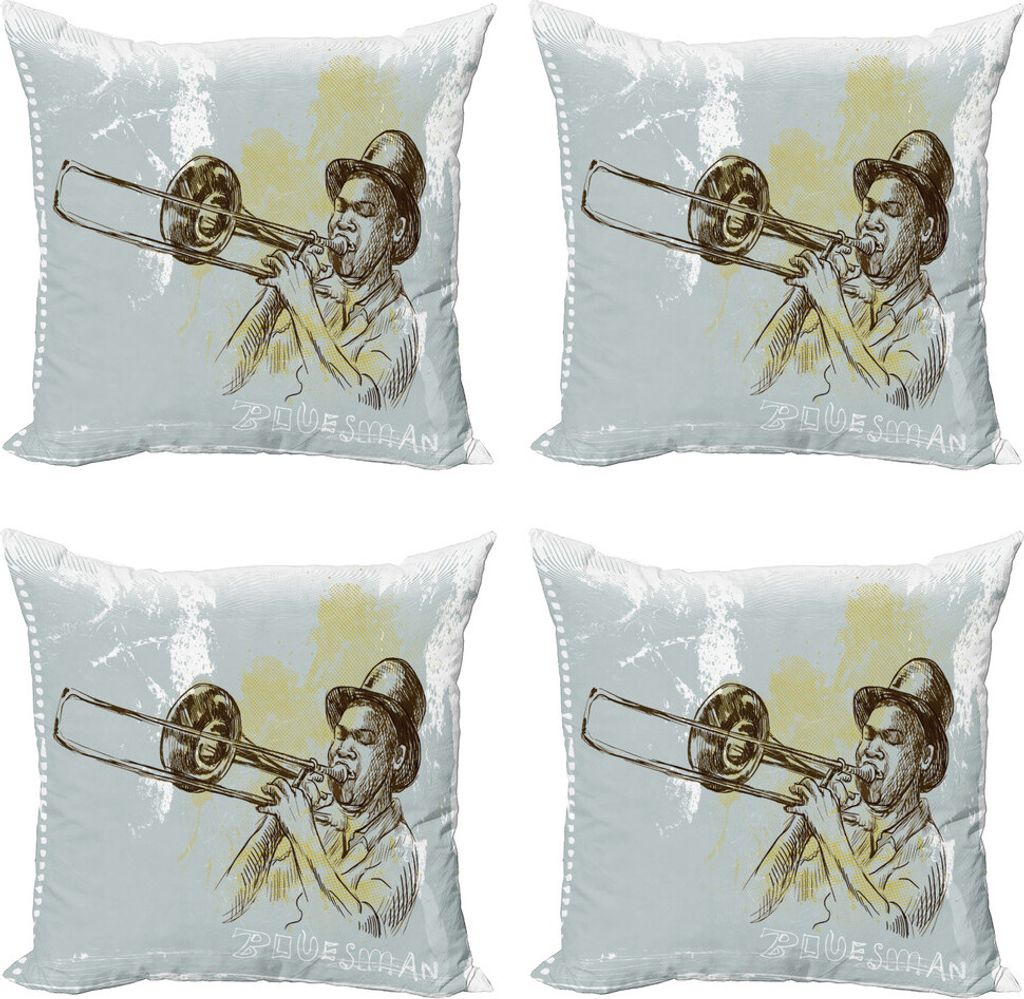 ABAKUHAUS Jazz Musik Kissenbezug Set (4 Stück), Rock Roll-Party, Moderner Doppelseitiger Digitaldruck, 50 cm x 50 cm, Grau, Gelb, Schwarz