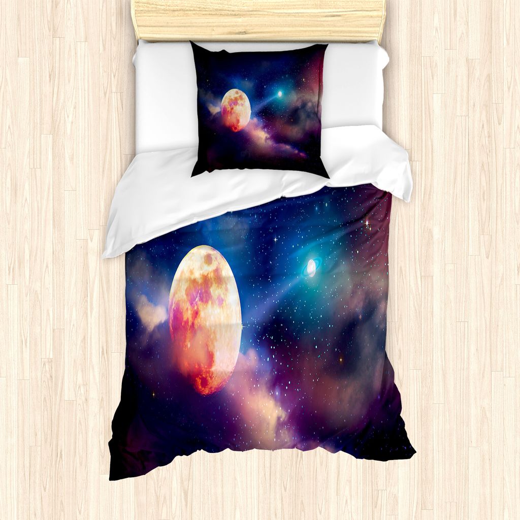 ABAKUHAUS Vollmond Bettbezug Set für Einzelbetten, Cosmic-Szene mit Planeten, Milbensicher Allergiker geeignet mit Kissenbezug, 135 cm x 200 cm - ...