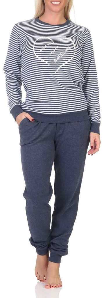 Damen Schlafanzug langarm mit Herz-Motiv in Kuschel Interlock Qualität - auch in Übergröße ; blau-mel. , 60