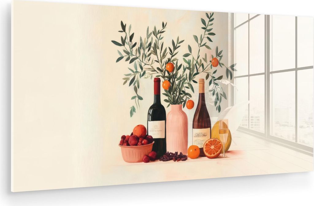 MuchoWow Glasbilder - Bilder auf Wandbild - Foto auf Glas Weinflaschen - Äste - Orangen 40x20 cm Wanddekoration aus Glas - Acrylglasbild - Acrylbi...