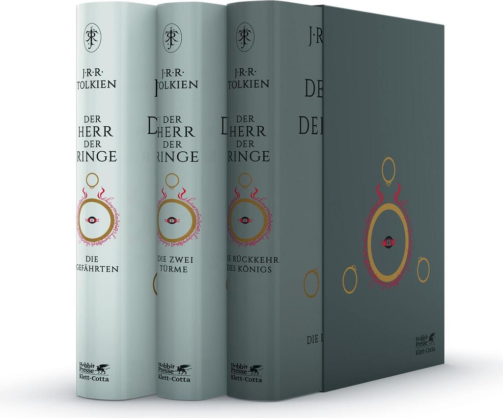 A set of three books and a slipcase, all related to 'Der Herr der Ringe'.