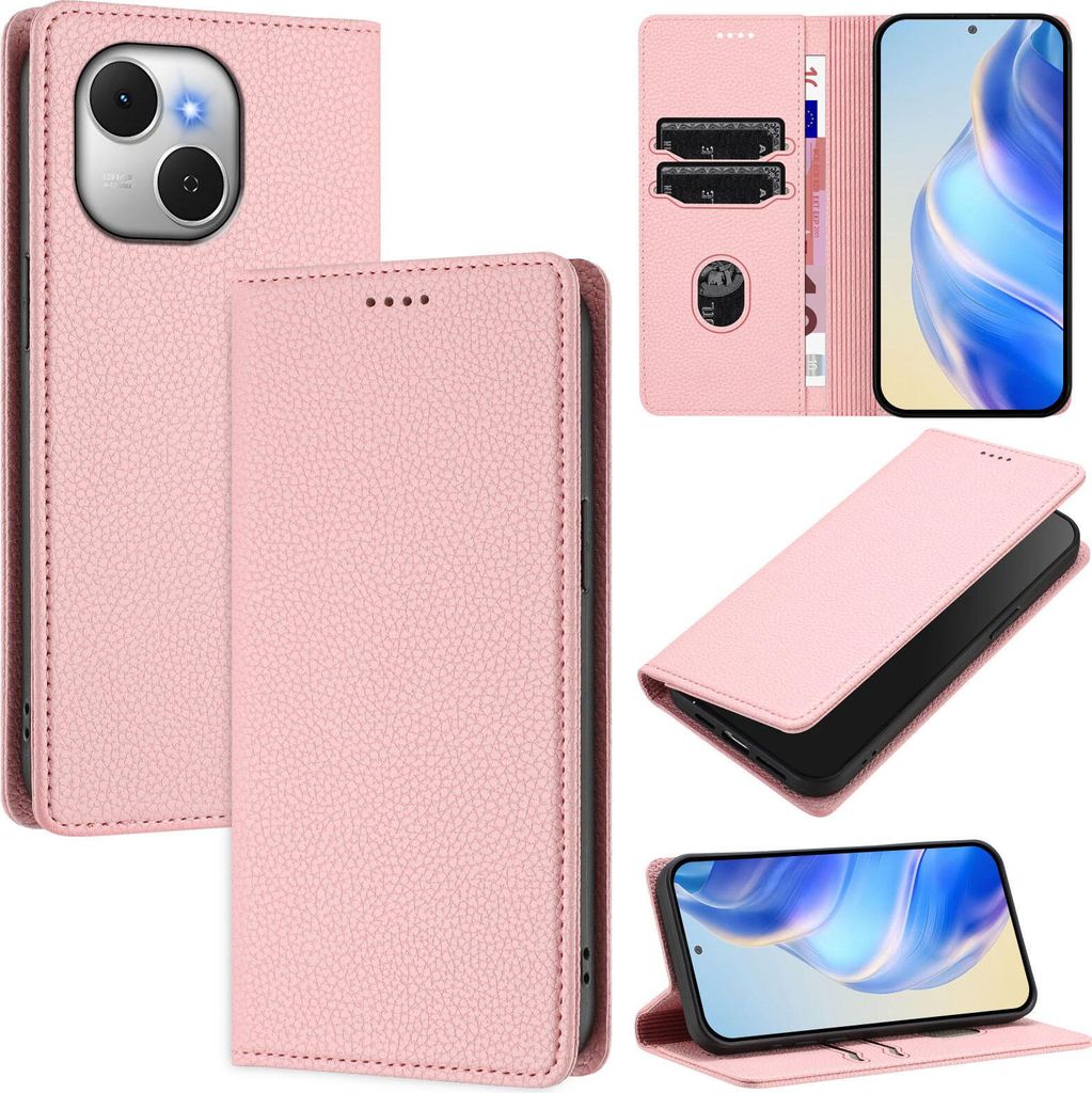 Litchi Leder Handyhülle für Tecno Spark 40C Wallet Kartenfächer Standfunktion Hülle Pink