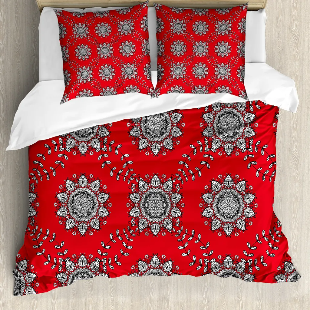 ABAKUHAUS Set copripiumino Red Mandala per letti matrimoniali, Wirbelt Floral Mesh, antiacaro, adatto a chi soffre di allergie, con federe, rosso cinabro, bianco, nero, grigio