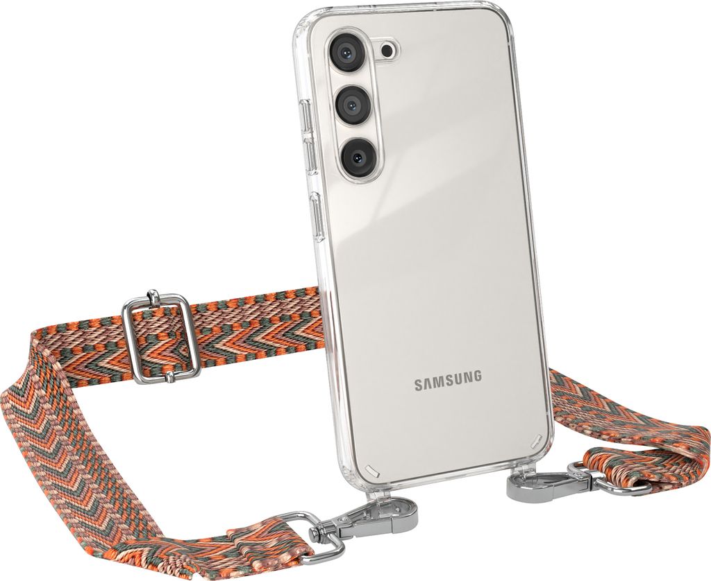 EAZY CASE Handykette - Verstellbarer Trageriemen kompatibel mit Samsung Galaxy S23, Handykordel mit transparenter Silikon-Hülle, Band in Orange