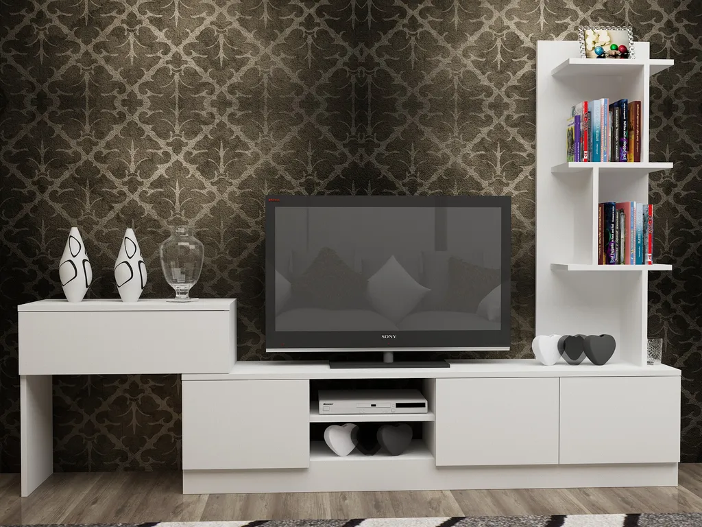 Petit meuble TV blanc gain de place 120cm pour salon et appartement
