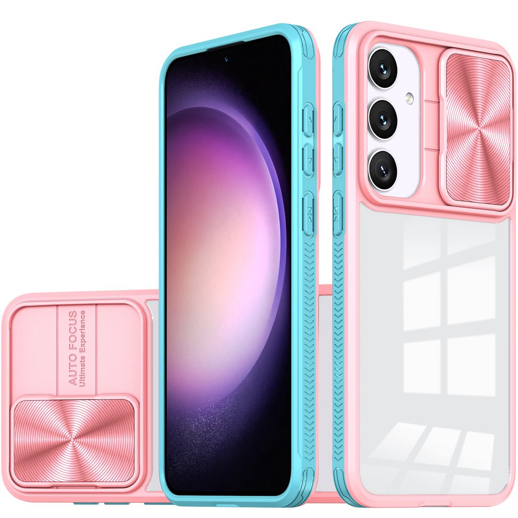 Hülle für Samsung Galaxy S24+ Transparent TPU Bumper Schutzhülle mit Schiebe Kamera Schutz Pink