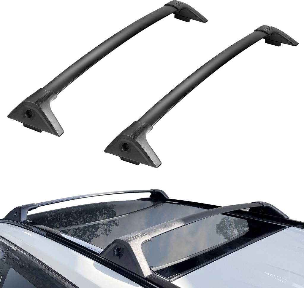 Two black roof racks are shown against a white background, and a third image shows them installed on a car roof.