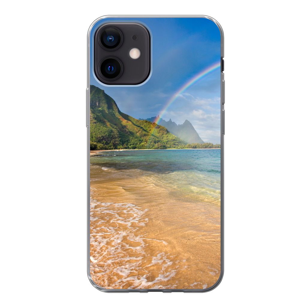 MuchoWow Handyhülle Schutzhülle Hülle für iPhone 12 Ein schöner Regenbogen am Tunnels Beach in Hawaii Silikon Softcase Handy Hülle - Schutz...