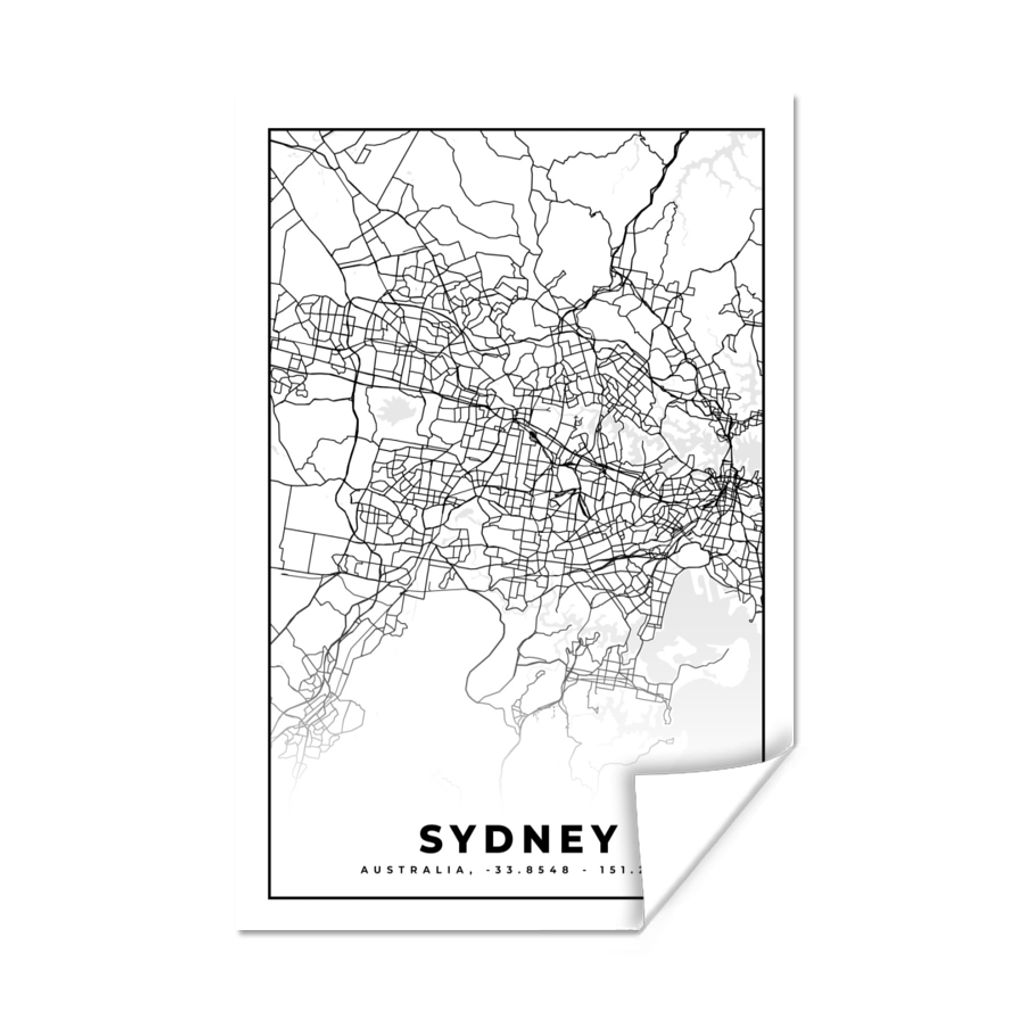 MuchoWow Poster Sydney - Schwarz und weiß - Karte - Stadtplan 60x90 cm - Wanddekoration