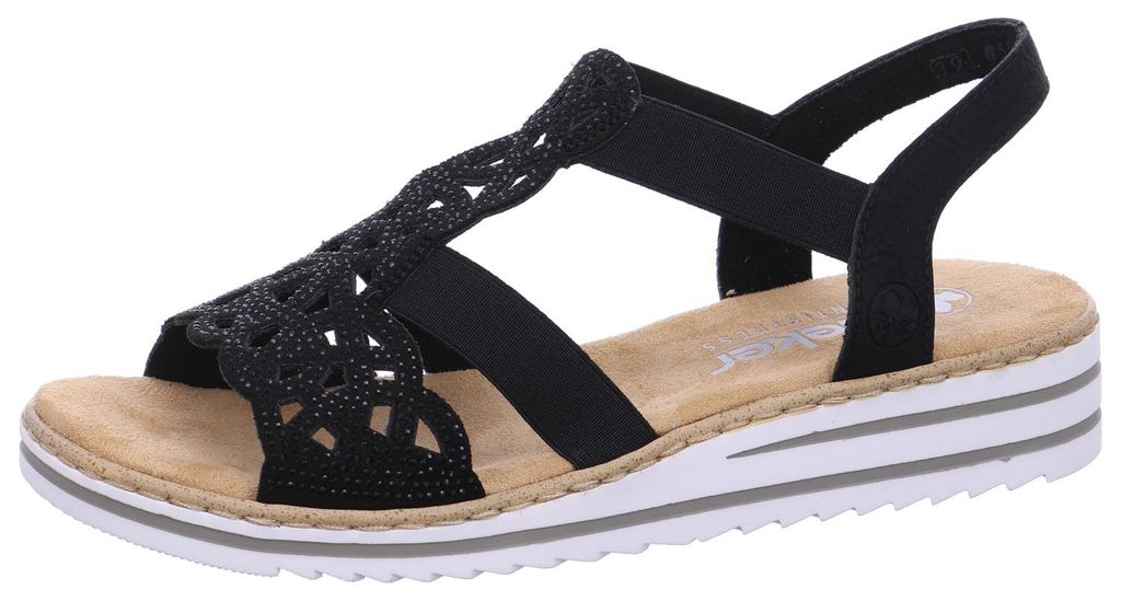 Rieker Damen Keil Sandale T-Riemen mit Strass und Cut-Outs V0646, Größe:40 EU, Farbe:Schwarz