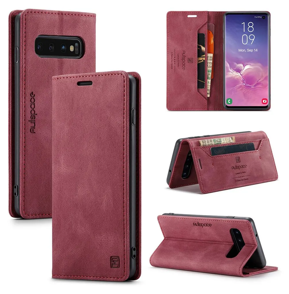 Galaxy S10 Custodia a portafoglio, Custodia retro in Finto cuoio Stand Cover protettiva per Samsung Galaxy S10 Rosso