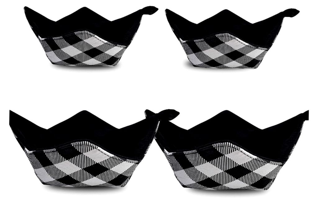 4 Stück Mikrowellenschüssel-Halter, schwarz-weiß kariert, maschinenwaschbare Polyester-Halter für heiße Speisen, Suppe, Eis