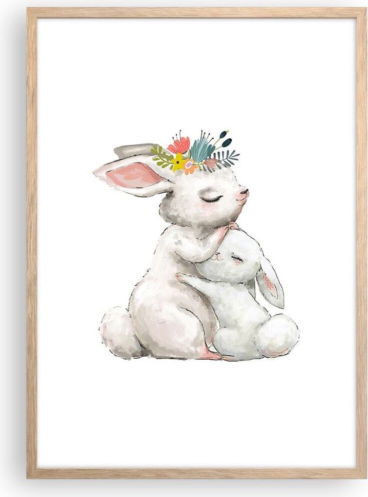 Gerahmtes Poster - Rahmen in heller Eiche - Kaninchen Hase Kinder - 50x70 cm - Wand Bild - Wanddeko - Wandbilder - Kunstposter - Wandposter - Bilde...