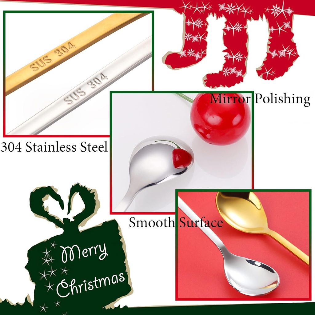 Weihnachts-Löffel-Set, 6 Stück Aus Edelstahl – Mit Festlichen Anhängern (Weihnachtsmann, Tannenbaum), Gold, In Geschenkbox