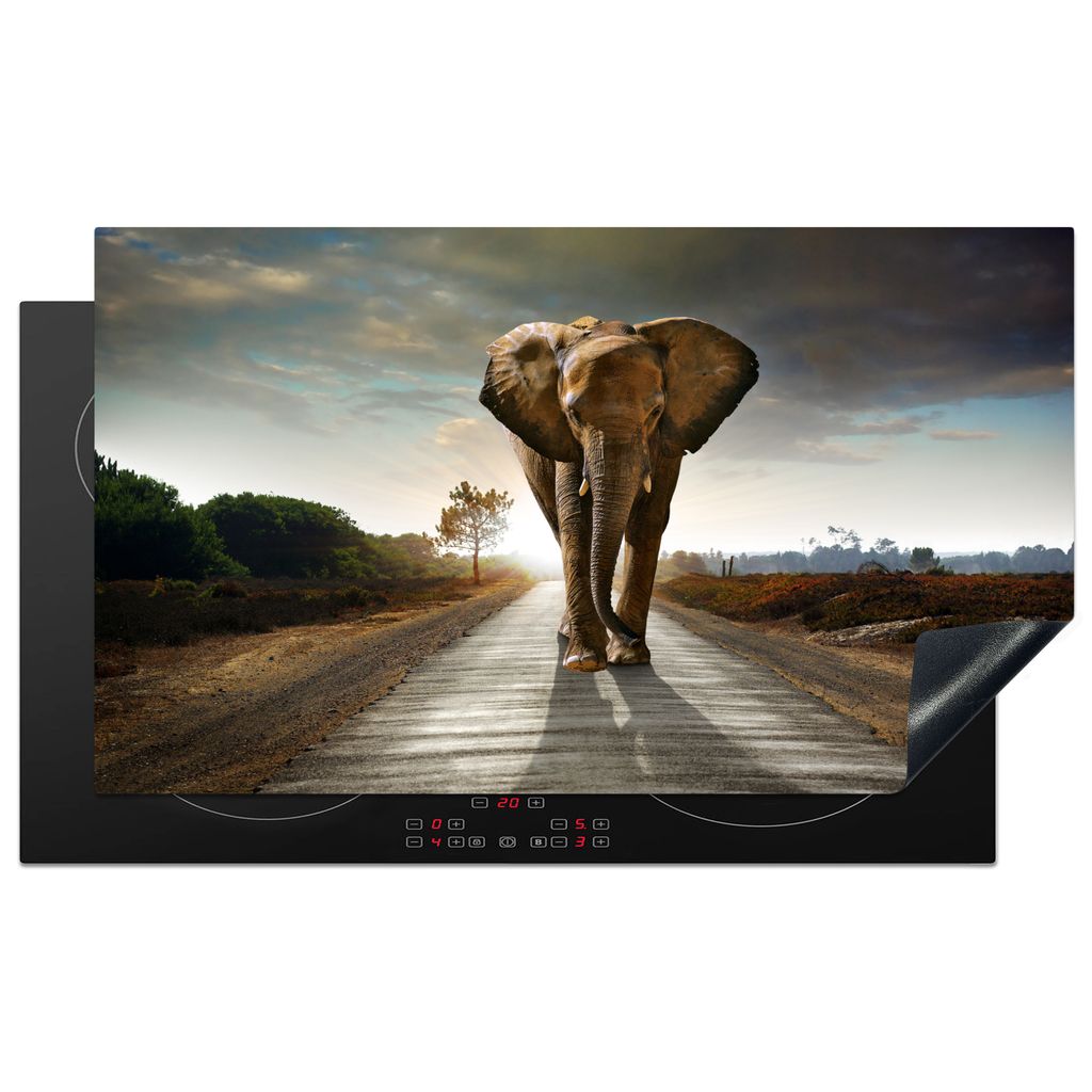 KitchenYeah Herdabdeckplatte Elefant - Straße - Tiere - Sonnenuntergang - Landschaft , 89x51cm, Küche Deko, Glaskeramikkochfeld Herdabdeckung, ...