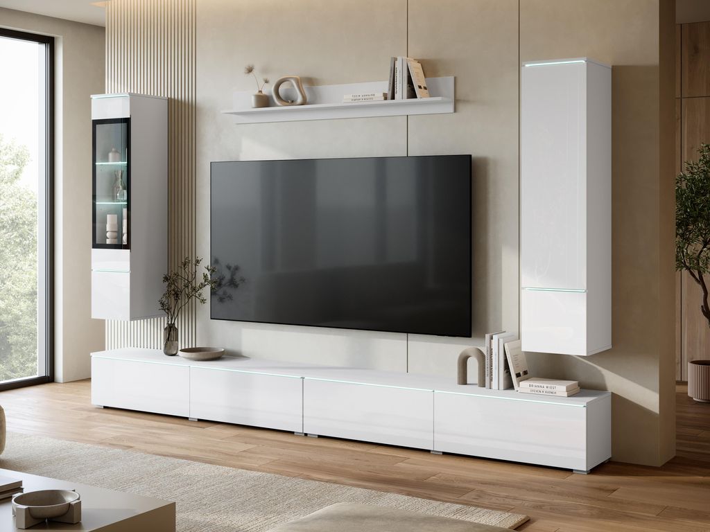 MINIO go for it, VEVE XXL, Wohnwand 300 cm, LED, TV-Lowboard, Wandregal, grifflose Fronten, hängend oder stehend, Weiß / Weiß Hochglanz Farbe