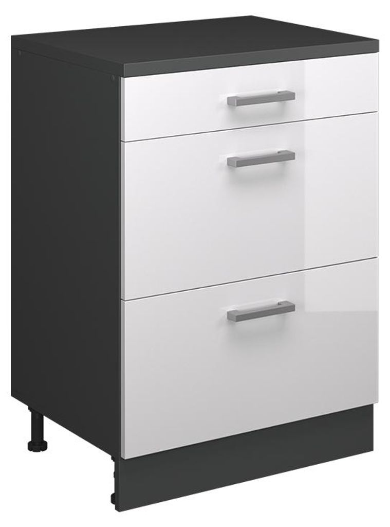 Küchenschrank für Dachschrägen Vicco R-Line Weiß Hochglanz 60 cm ohne Schräge mit 3 Schubladen, Model 61706