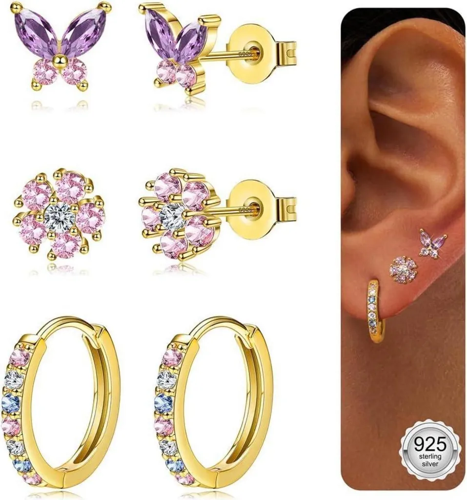 Lot de Créoles Argent Or 925 - Bijoux d'Oreille pour Piercings Multiples