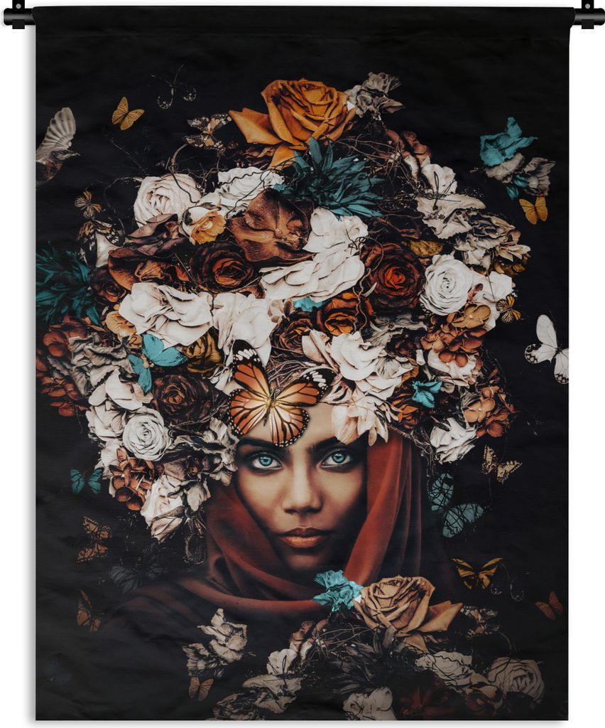 MuchoWow Wandteppich Wandbehang Blumen - Schmetterling - Frauen - Kopftuch 60x80 cm Tapisserie Dekoration Wandtuch - Decke - Wandtücher - Wohne