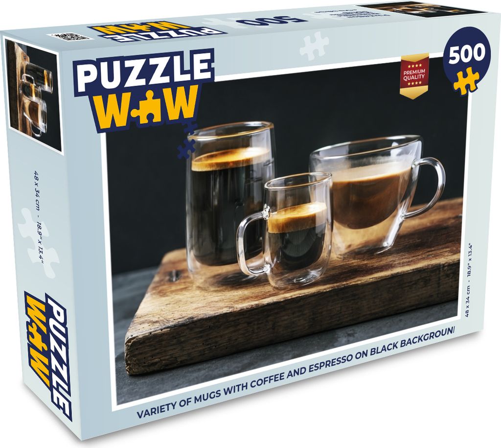 MuchoWow Puzzle 500 Teile Vielzahl von Tassen mit Kaffee und Espresso auf schwarzem Hintergrund - 500 Teile - Kinder - Selberbauen - Puzzlespiele