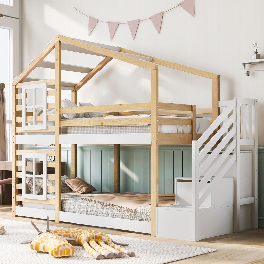 Kinderbett Baumhaus 90x200 cm Etagenbett mit Rutschschutz & Schubladen, Kiefer-Massivholz Bettgestell Hochbett für Kinder, Weiß & Natur (Inkl. La...