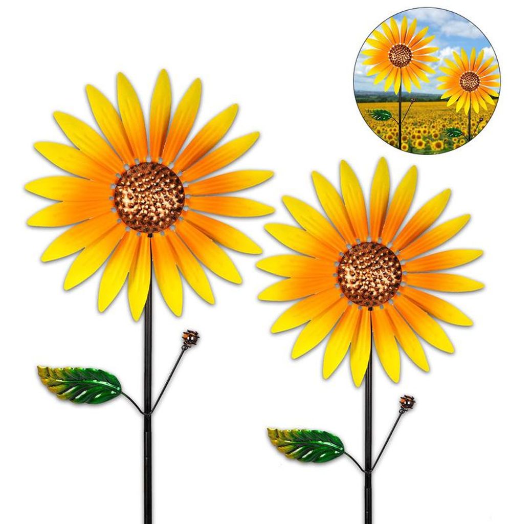 2er Set Sonnenblumen-Windspiel aus Metall – 160 cm hoch, Ø Produktbild 