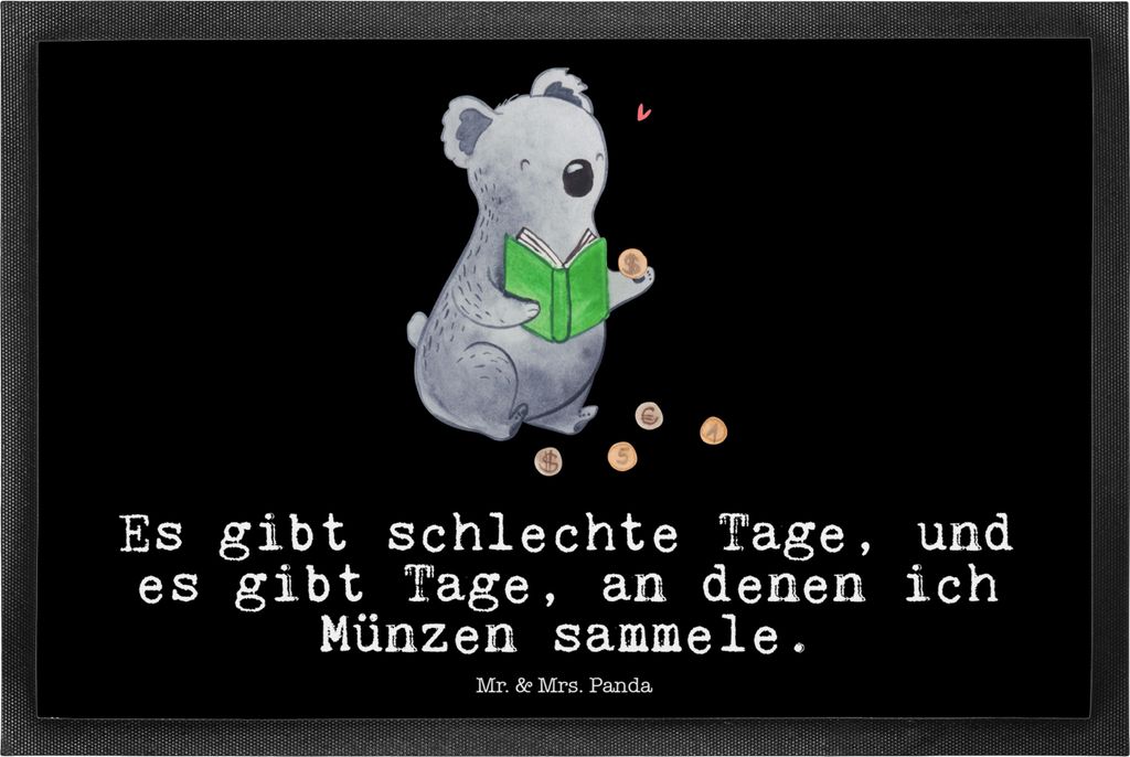 Mr. & Mrs. Panda fußmatte Koala Münzen sammeln 40 x 60 cm - Schwarz - Geschenk, Schmutzfangmatte, aus Aller Welt, Numismatik, flurmatte, Schmutzm...