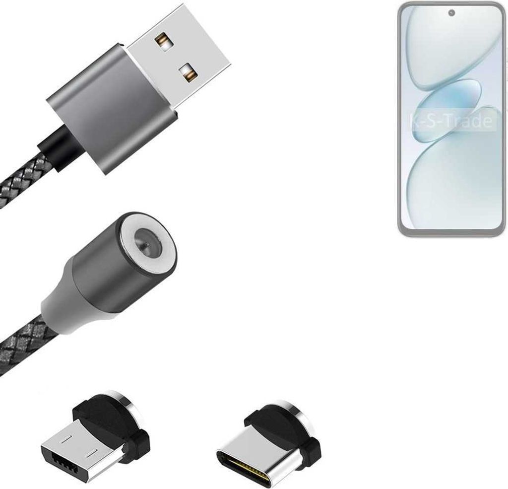 K-S-Trade Hochwertiges Magnet-Lade-kabel Sync-Kabel Daten-Kabel kompatibel mit Tecno Spark Go 1 mit USB-Typ-C-Anschluss und Micro-USB-Anschluss 2A bis